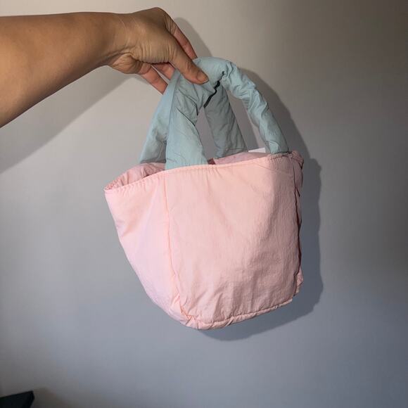 Japan Soft Pink Puffy Poof Chunky Tote Bag Purse Wristlet Set Whimsy 90s Daiso - Picture 3 of 7